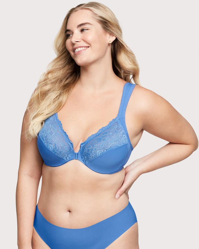 Front of a model wearing a size 40G WonderWire Front-Closure Bra in Blue Azure by Glamorise. | dia_product_style_image_id:262883